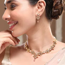 Rubans 22K Gold Plated Pink Stone & Cubic Zirconia Floral Necklace Set with Pearl Drops-image-65