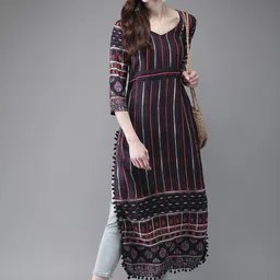 Anouk Navy Blue Striped Rayon Straight Kurta With Pompom Lace Hem-8