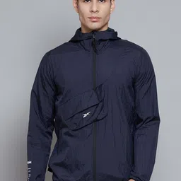 Reebok Men Navy Training Road Trip Woven Packable Hooded Jacket-50