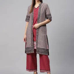 Biba Women Rust Red & Mauve Solid Kurta with Palazzos & Ethnic Jacket-12