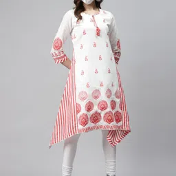 Biba Women White  Pink Printed Pure Cotton A-Line Asymmetric Kurta-image-46
