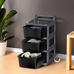 Kuber Industries Grey & Black 3 Layer Modular Cabinet Plastic Storage Drawer With Wheel-1