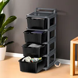 Kuber Industries Grey & Black 4 Layer Modular Cabinet Plastic Storage Drawer with Wheels-30