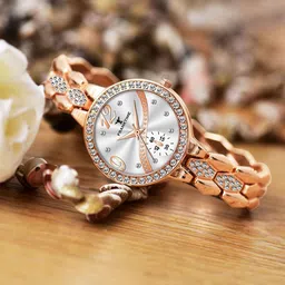 Franktime Women Brass Embellished Dial & Stainless Steel Bracelet Style Straps Analogue Watch FT-0043 R-image-99