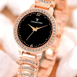 Franktime Women Brass Embellished Dial & Stainless Steel Bracelet Style Straps Analogue Watch FT-0017 BLK-image-91