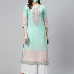 Biba Women Blue Printed Straight Pure Cotton Kurta-picture-12
