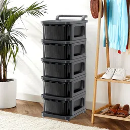 Kuber Industries Grey & Black 5 Layer Modular Cabinet Plastic Storage Drawer With Wheels image 3