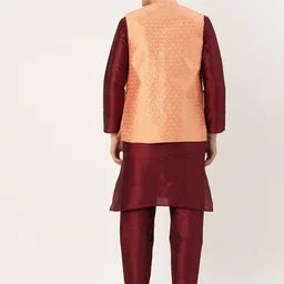 SOJANYA Men Maroon & Peach-Coloured Solid Kurta with Churidar & Nehru Jacket image 5