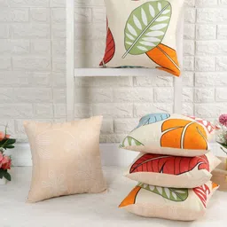 IVAZA Beige & Red Set of 5 Floral Square Cushion Covers-1