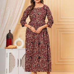 CLOTHYCORP Women Maroon Floral Printed Round Neck Cotton A-Line Kurti-image-113