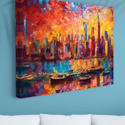 Livin'luxe Red & Blue Colorful Mosaic Cityscape Canvas Wall Art-picture-24