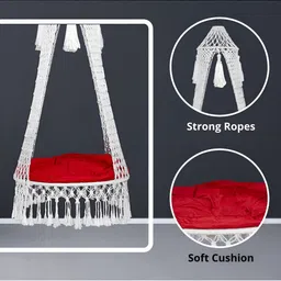 Swingzy White & Red Cotton Netted Hanging Hammock Swing With Cushion image 3