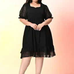 PrettyPlus by Desinoor.com Plus Size Chevron Printed Puff Sleeve Fit & Flare Dress-image-71