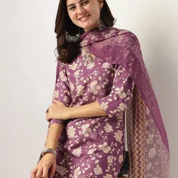 Kalini Women Purple Rayon Floral Printed Straight Kurta Set-48