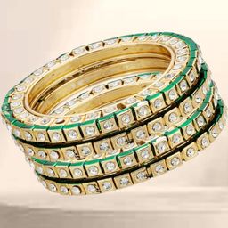 Anouk Set Of 4 Gold Plated &-Green- White kundan stone- studded round-square shaped bangles-0