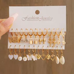 Shining Diva Fashion Pack Of 12 Gold-Plated Artificial Stones and Beads Hoop Earrings-13