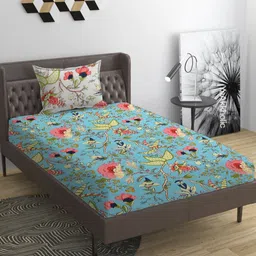 YaAkholic Blue & Peach Printed Microfiber 210 TC Single Bedsheet Set - 2.23 m x 1.45 m-0