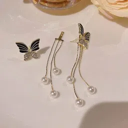 Celestria Korean Artificial Stones Studded & Beaded Butterfly Shaped Drop Earrings-3