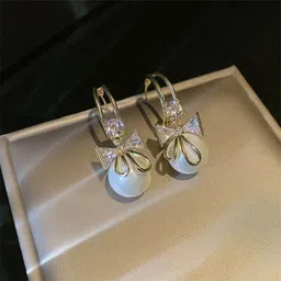 PolluxCraft Gold-Plated Pearls Studded Contemporary Shaped Drop Earrings-image-40