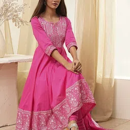 Biba Women Floral Embroidered Regular Thread Work Pure Cotton Kurta with Churidar & With Dupatta-image-14