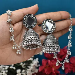 MEIRA JEWELLERY Silver-Plated Artificial Studded & Beaded Oxidised Dome Shaped Jhumkas-image-19
