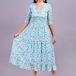 KALINI Women Floral Printed Square Neck Cuffed Sleeves Fit & Flare Midi Dress-picture-37