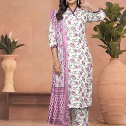 KALINI Floral Printed Straight Pure Cotton Kurta with Trousers And Dupatta-image-16