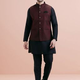 KISAH Men Maroon Geometric Mid Kurta Jacket Trouser Set-image-14
