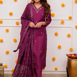 Moda Rapido Women Floral Printed Regular Thread Work Chanderi Silk Kurta with Trousers & With Dupatta-picture-11
