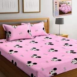 FABINALIV Pink & Black Cartoon Characters 300 TC King Bedsheet with 2 Pillow Covers-86