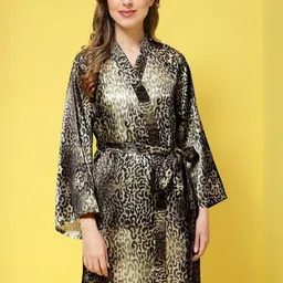 For You For Me Women Animal Print Satin Short Robe With Waist Belt-image-93