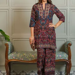 Sangria Ajrak Printed Mandarin Collar Neck Top With Trousers Co-Ords-image-23