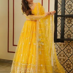 Ethnic Yard Embroidered Mirror Work Semi-Stitched Lehenga & Unstitched Blouse With Dupatta-12