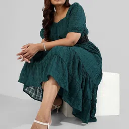 Instafab Plus Plus Size Puff Sleeves Fit & Flare Smocked Midi Dress-picture-15