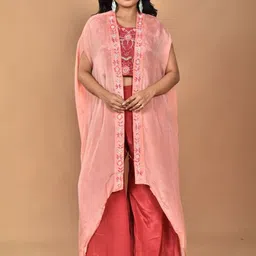 Morchari Hand Embroidered Round Neck Crop Top & Jacket With Palazzos Co-Ords-image-80