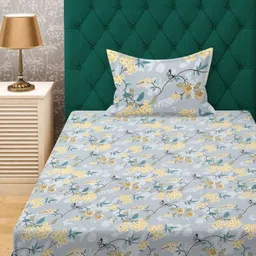 KLOTTHE Grey & Yellow Floral Printed 300 TC Fitted Single Bedsheet With Pillow Cover-5