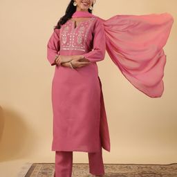 KALINI Women Floral Embroidered Regular Pure Cotton Kurta with Trousers & With Dupatta-44