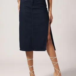 Belliskey Side Slit Denim A-Line Knee Length Skirt-image-43
