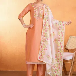 SUAAC Women Floral Embroidered Regular Thread Work Kurta with Trousers & With Dupatta-picture-38