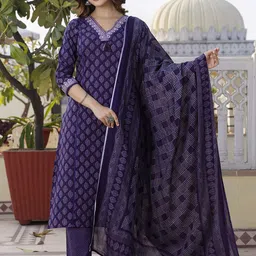 EthniFlair Floral Printed V-Neck Pure Cotton Straight Kurta With Trousers And Dupatta-image-82
