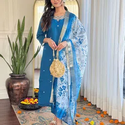 KALINI Floral Embroidered Thread Work Round Neck Kurta with Trousers & Dupatta-image-31