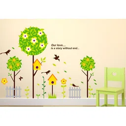 LANSTICK Green & Black Tree With Birds House Self Adhesive Wall Sticker-image-55
