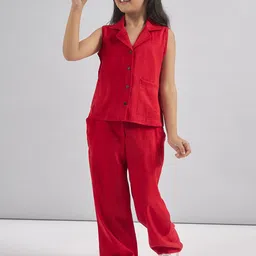 Stylo Bug Girls Lapel Collar Pure Cotton Top with Trousers-image-18