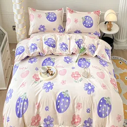 JC HOME White & Blue Floral Printed Double Queen Regular Bedding Set-image-9