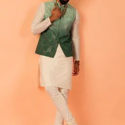 KISAH Mandarin Collar Straight Kurta with Churidar & Embroidered Nehru jacket-image-96