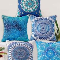 Blue Grass Blue & Cream 5 Pieces Floral Velvet Cushion Covers-image-113