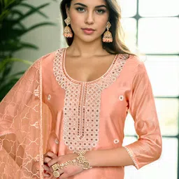 Anouk Women Floral Embroidered Regular Thread Work Chanderi Cotton Kurta with Sharara & With Dupatta-27