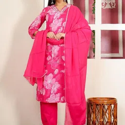clothonus Floral Embroidered V-Neck Pure Cotton Straight Kurta With Pyjamas & Dupatta-image-51