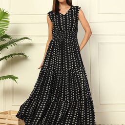 Femvy Polka Dot Printed V-Neck Fit And Flare Tiered Dresse-picture-46