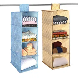 Kuber Industries Blue & Cream Colored Printed Foldable 4 Shelf Hanging Closet Organiser-27
